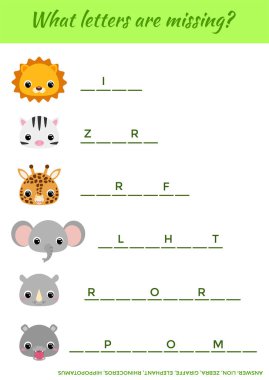 Şirin hayvanları olan çocuklar için eğitici bir oyun. Kayıp mektupları yaz. İngilizce eğitimi için eğitici aktivite sayfası. Çocuklar için kelime öğrenme oyunu. İzole vektör illüstrasyonu. 