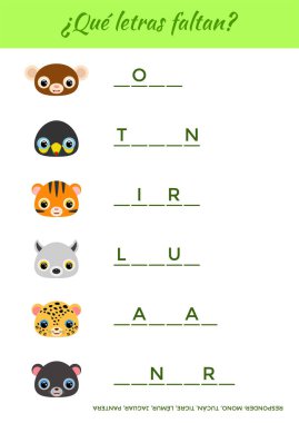 Ne var ne yok Faltan? - Hangi harfler kayıp? Kelimeleri tamamla. Şirin hayvanları olan çocuklar için eğitici bir oyun. İspanyolca eğitimi için eğitici aktivite sayfası. İzole vektör illüstrasyonu.
