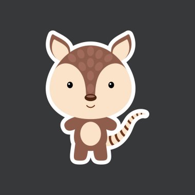 Sevimli komik bebek armadillo çıkartması. Albüm, albüm, albüm, kart, poster ve davetiye tasarımı için sevimli bir hayvan karakteri. Düz çizgi film renkli vektör stok çizimi.