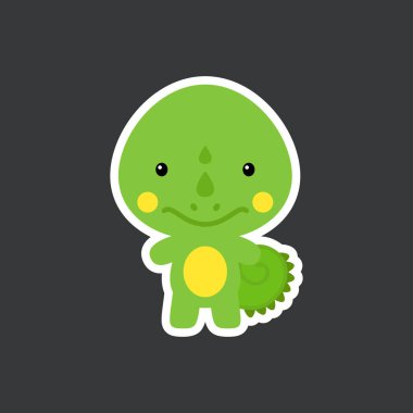 Şirin komik bebek iguana çıkartması. Albüm, albüm, albüm, kart, poster ve davetiye tasarımı için sevimli bir hayvan karakteri. Düz çizgi film renkli vektör stok çizimi.