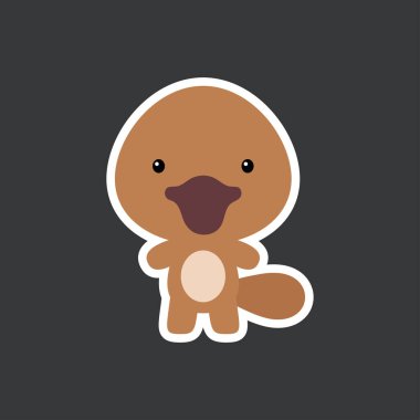 Şirin komik bebek ornitorengi çıkartması. Albüm, albüm, albüm, kart, poster ve davetiye tasarımı için sevimli bir hayvan karakteri. Düz çizgi film renkli vektör stok çizimi.