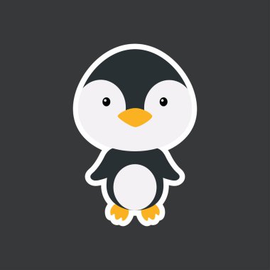 Sevimli komik bebek penguen çıkartması. Albüm, albüm, albüm, kart, poster ve davetiye tasarımı için kutup tapılası bir kuş karakteri. Düz çizgi film renkli vektör stok çizimi.