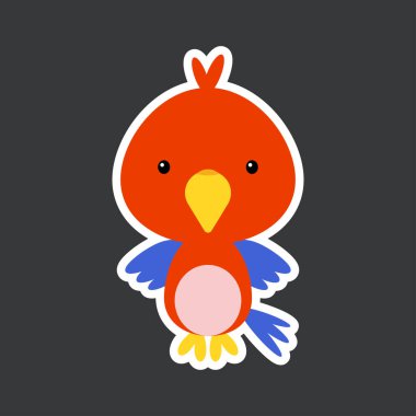 Şirin komik papağan çıkartması. Albüm, albüm, albüm, kart, poster ve davetiye tasarımı için sevimli bir kuş karakteri. Düz çizgi film renkli vektör stok çizimi.