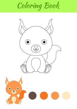 Boyama sayfası küçük oturan bebek sincap. Çocuklar için boyama kitabı. Anaokulu yılları için eğitici aktiviteler çocuklar ve şirin hayvanlı bebekler. Düz çizgi film renkli vektör stok çizimi.