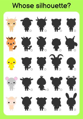 Oyun şablonu doğru gölgeyi bul. Çocuklar için eşleştirme oyunu. Okul öncesi çocuklar ve yeni yürümeye başlayanlar için eğitim faaliyet sayfası. Çizgi filmlerdeki hayvanlar. Renkli vektör stok illüstrasyonu.