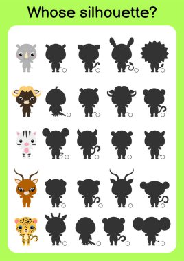 Oyun şablonu doğru gölgeyi bul. Çocuklar için eşleştirme oyunu. Okul öncesi çocuklar ve yeni yürümeye başlayanlar için eğitim faaliyet sayfası. Çizgi filmlerdeki hayvanlar. Renkli vektör stok illüstrasyonu.