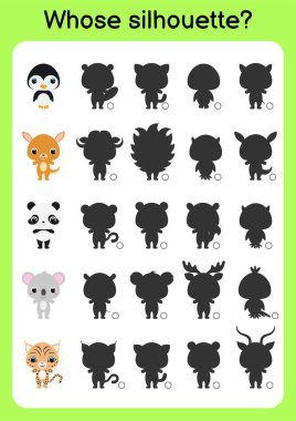 Oyun şablonu doğru gölgeyi bul. Çocuklar için eşleştirme oyunu. Okul öncesi çocuklar ve yeni yürümeye başlayanlar için eğitim faaliyet sayfası. Çizgi filmlerdeki hayvanlar. Renkli vektör stok illüstrasyonu.