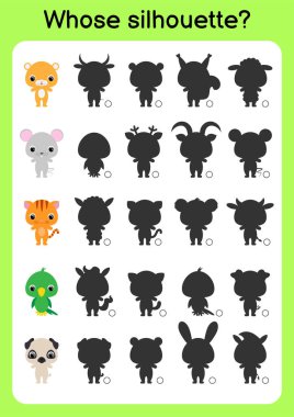 Oyun şablonu doğru gölgeyi bul. Çocuklar için eşleştirme oyunu. Okul öncesi çocuklar ve yeni yürümeye başlayanlar için eğitim faaliyet sayfası. Çizgi filmlerdeki hayvanlar. Renkli vektör stok illüstrasyonu.