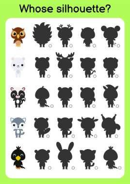 Oyun şablonu doğru gölgeyi bul. Çocuklar için eşleştirme oyunu. Okul öncesi çocuklar ve yeni yürümeye başlayanlar için eğitim faaliyet sayfası. Çizgi filmlerdeki hayvanlar. Renkli vektör stok illüstrasyonu.