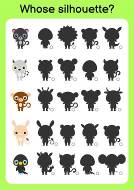 Oyun şablonu doğru gölgeyi bul. Çocuklar için eşleştirme oyunu. Okul öncesi çocuklar ve yeni yürümeye başlayanlar için eğitim faaliyet sayfası. Çizgi filmlerdeki hayvanlar. Renkli vektör stok illüstrasyonu.