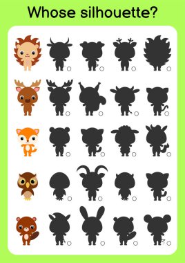 Oyun şablonu doğru gölgeyi bul. Çocuklar için eşleştirme oyunu. Okul öncesi çocuklar ve yeni yürümeye başlayanlar için eğitim faaliyet sayfası. Çizgi filmlerdeki hayvanlar. Renkli vektör stok illüstrasyonu.