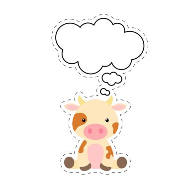 Konuşma balonu çıkartmalı şirin bir inek. Beyaz arka planda Kawaii karakteri. Karikatür oturan hayvan kartpostalları doğum günü için, bebek partisi için, parti için. Vektör stok illüstrasyonu.