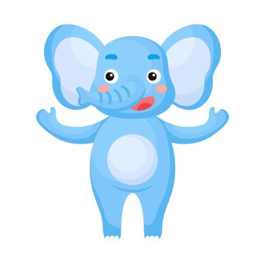 Beyaz arka planda şirin, komik bir fil izi. Albüm, albüm, albüm, tebrik kartı, davetiye, duvar dekorasyonu için Afrika çizgi film karakteri. Düz renkli vektör stok çizimi.