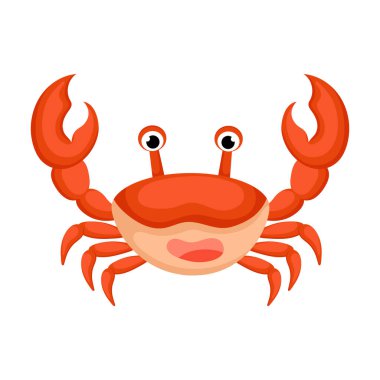 Beyaz arka planda şirin bir yengeç deseni var. Albüm, albüm, albüm, tebrik kartı, davetiye, duvar dekorasyonu için okyanus çizgi film karakteri. Düz renkli vektör stok çizimi.