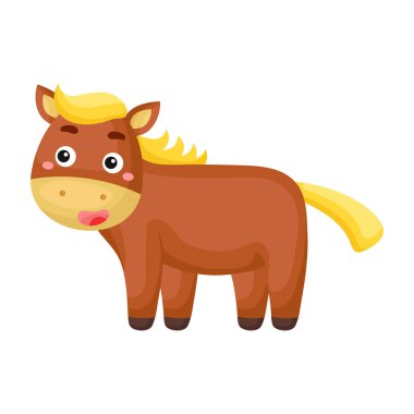 Beyaz arka planda şirin komik bir at. Albüm, albüm, albüm, tebrik kartı, davetiye, duvar dekorasyonu için yerli hayvan karakteri. Düz renkli vektör stok çizimi.