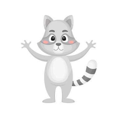 Beyaz arka planda sevimli komik rakun izi. Albüm, albüm, albüm, tebrik kartı, davetiye, duvar dekorasyonu için Woodland çizgi film karakteri. Düz renkli vektör stok çizimi.