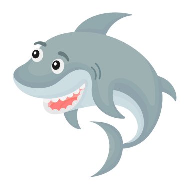 Albüm, albüm, albüm, tebrik kartı, davetiye, duvar dekorasyonu için şirin bir köpekbalığı baskısı. Okyanus çizgi film karakteri. Beyaz arkaplanda düz renkli vektör stok çizimi. 