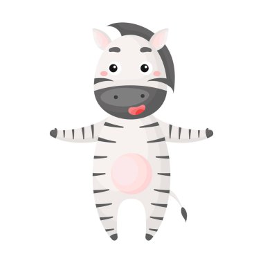 Beyaz arka planda şirin bir zebra izi var. Albüm, albüm, albüm, tebrik kartı, davetiye, duvar dekorasyonu için Afrika çizgi film karakteri. Düz renkli vektör stok çizimi.