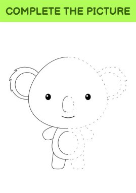 Şirin koala resmini tamamla. Boyama kitabı. Fotoğrafı kopyala El yazısı pratiği, çizim becerileri eğitimi. Eğitim, basılabilir çalışma tablosu geliştiriyor. Etkinlik sayfası. Çizgi film vektör illüstrasyonu.