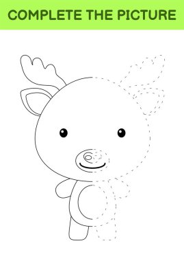 Complete the picture of cute moose. Coloring book. Copy picture. Handwriting practice, drawing skills training. Education developing printable worksheet. Activity page. Cartoon vector illustration. vector