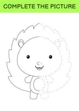 Şirin kirpi resmini tamamla. Boyama kitabı. Fotoğrafı kopyala El yazısı pratiği, çizim becerileri eğitimi. Eğitim, basılabilir çalışma tablosu geliştiriyor. Etkinlik sayfası. Çizgi film vektör illüstrasyonu.