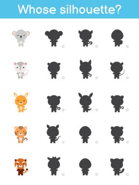 Siluet oyun şablonu. Çocuklar için sevimli çizgi film hayvanlarıyla eşleştirme oyunu. Çocuk aktivite sayfası. Eğitim geliştirme programı. Mantıklı düşünme eğitimi. Vektör stok illüstrasyonu.