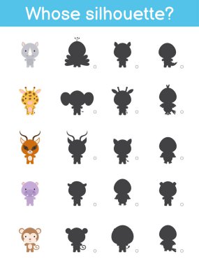 Siluet oyun şablonu. Afrikalı çizgi film hayvanlarıyla çocuklar için bir maç. Çocuk aktivite sayfası. Eğitim geliştirme programı. Mantıklı düşünme eğitimi. Vektör stok illüstrasyonu.