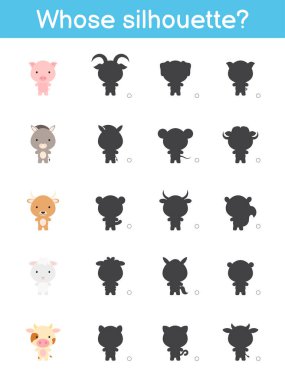 Siluet oyun şablonu. Çocuklar için evcil çizgi film hayvanlarıyla eşleştirme oyunu. Çocuk aktivite sayfası. Eğitim geliştirme programı. Mantıklı düşünme eğitimi. Vektör stok illüstrasyonu.