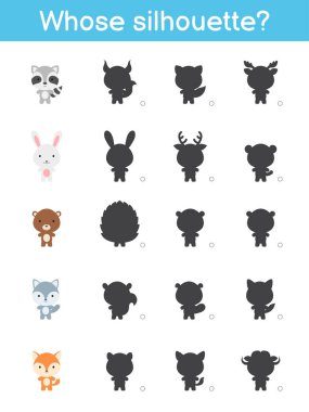 Siluet oyun şablonu. Çocuklar için orman çizgi filmlerindeki hayvanları eşleştirme oyunu. Çocuk aktivite sayfası. Eğitim geliştirme programı. Mantıklı düşünme eğitimi. Vektör stok illüstrasyonu.