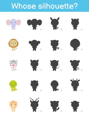 Siluet oyun şablonu. Afrikalı çizgi film hayvanlarıyla çocuklar için bir maç. Çocuk aktivite sayfası. Eğitim geliştirme programı. Mantıklı düşünme eğitimi. Vektör stok illüstrasyonu.