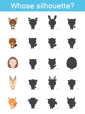 Siluet oyun şablonu. Çocuklar için çizgi film hayvanlarıyla eşleştirme oyunu. Çocuk aktivite sayfası. Eğitim geliştirme programı. Mantıklı düşünme eğitimi. Vektör stok illüstrasyonu.