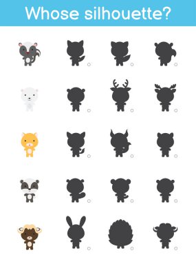 Siluet oyun şablonu. Çocuklar için sevimli çizgi film hayvanlarıyla eşleştirme oyunu. Çocuk aktivite sayfası. Eğitim geliştirme programı. Mantıklı düşünme eğitimi. Vektör stok illüstrasyonu.