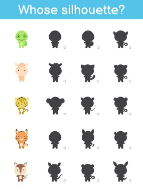 Siluet oyun şablonu. Çocuklar için sevimli çizgi film hayvanlarıyla eşleştirme oyunu. Çocuk aktivite sayfası. Eğitim geliştirme programı. Mantıklı düşünme eğitimi. Vektör stok illüstrasyonu.