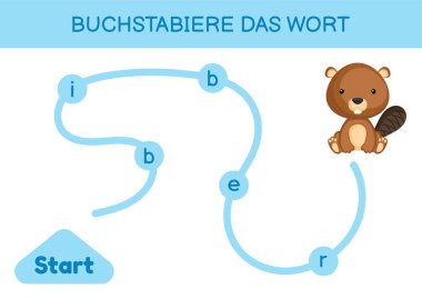 Buchstabiere das wort - Kelimeyi hecele. Çocuklar için labirent. Kelime oyunu şablonu kodlanıyor. Kunduz kelimesini okumayı öğren. Çocukların gelişimi için Almanca çalışmak için etkinlik sayfası. Vektör stok illüstrasyonu.