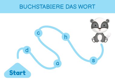 Buchstabiere das wort - Kelimeyi hecele. Çocuklar için labirent. Kelime oyunu şablonu kodlanıyor. Porsuk kelimesini okumayı öğren. Çocukların gelişimi için Almanca çalışmak için etkinlik sayfası. Vektör stok illüstrasyonu.