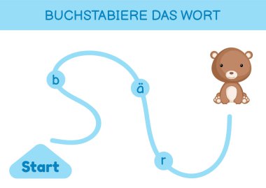Buchstabiere das wort - Kelimeyi hecele. Çocuklar için labirent. Kelime oyunu şablonu kodlanıyor. Ayı kelimesini okumayı öğren. Çocukların gelişimi için Almanca çalışmak için etkinlik sayfası. Vektör stok illüstrasyonu.