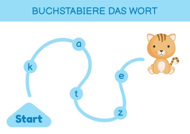 Buchstabiere das wort - Kelimeyi hecele. Çocuklar için labirent. Kelime oyunu şablonu kodlanıyor. Kedi kelimesini okumayı öğren. Çocukların gelişimi için Almanca çalışmak için etkinlik sayfası. Vektör stok illüstrasyonu.