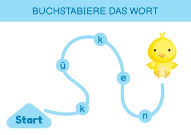 Buchstabiere das wort - Kelimeyi hecele. Çocuklar için labirent. Kelime oyunu şablonu kodlanıyor. Kelime okumayı öğren piliç. Çocukların gelişimi için Almanca çalışmak için etkinlik sayfası. Vektör stok illüstrasyonu.