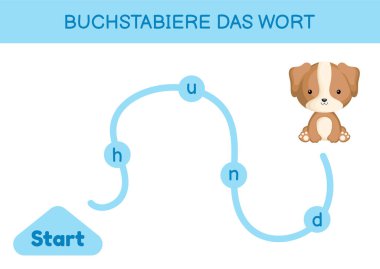 Buchstabiere das wort - Kelimeyi hecele. Çocuklar için labirent. Kelime oyunu şablonu kodlanıyor. Kelime okumayı öğren köpek. Çocukların gelişimi için Almanca çalışmak için etkinlik sayfası. Vektör stok illüstrasyonu.