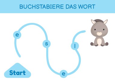 Buchstabiere das wort - Kelimeyi hecele. Çocuklar için labirent. Kelime oyunu şablonu kodlanıyor. Eşek kelimesini okumayı öğren. Çocukların gelişimi için Almanca çalışmak için etkinlik sayfası. Vektör stok illüstrasyonu.