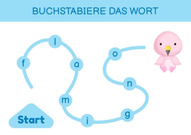 Buchstabiere das wort - Kelimeyi hecele. Çocuklar için labirent. Kelime oyunu şablonu kodlanıyor. Flamingo kelimesini okumayı öğren. Çocukların gelişimi için Almanca çalışmak için etkinlik sayfası. Vektör stok illüstrasyonu.