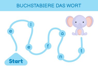 Buchstabiere das wort - Kelimeyi hecele. Çocuklar için labirent. Kelime oyunu şablonu kodlanıyor. Fil kelimesini okumayı öğren. Çocukların gelişimi için Almanca çalışmak için etkinlik sayfası. Vektör stok illüstrasyonu.