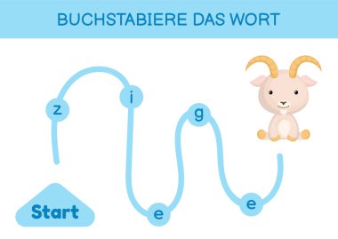 Buchstabiere das wort - Kelimeyi hecele. Çocuklar için labirent. Kelime oyunu şablonu kodlanıyor. Keçi kelimesini okumayı öğren. Çocukların gelişimi için Almanca çalışmak için etkinlik sayfası. Vektör stok illüstrasyonu.