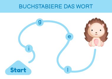 Buchstabiere das wort - Kelimeyi hecele. Çocuklar için labirent. Kelime oyunu şablonu kodlanıyor. Kirpi kelimesini okumayı öğren. Çocukların gelişimi için Almanca çalışmak için etkinlik sayfası. Vektör stok illüstrasyonu.