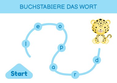 Buchstabiere das wort - Kelimeyi hecele. Çocuklar için labirent. Kelime oyunu şablonu kodlanıyor. Jaguar kelimeleri okumayı öğren. Çocukların gelişimi için Almanca çalışmak için etkinlik sayfası. Vektör stok illüstrasyonu.