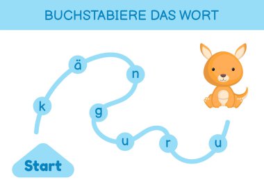 Buchstabiere das wort - Kelimeyi hecele. Çocuklar için labirent. Kelime oyunu şablonu kodlanıyor. Kanguru kelimesini okumayı öğren. Çocukların gelişimi için Almanca çalışmak için etkinlik sayfası. Vektör stok illüstrasyonu.