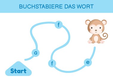 Buchstabiere das wort - Kelimeyi hecele. Çocuklar için labirent. Kelime oyunu şablonu kodlanıyor. Maymun kelimesini okumayı öğren. Çocukların gelişimi için Almanca çalışmak için etkinlik sayfası. Vektör stok illüstrasyonu.