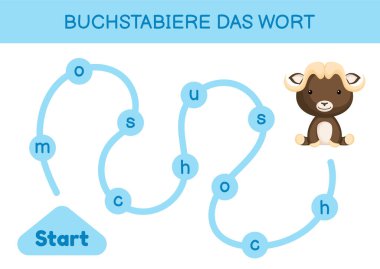 Buchstabiere das wort - Kelimeyi hecele. Çocuklar için labirent. Kelime oyunu şablonu kodlanıyor. Misk öküzü kelimesini okumayı öğren. Çocukların gelişimi için Almanca çalışmak için etkinlik sayfası. Vektör stok illüstrasyonu.