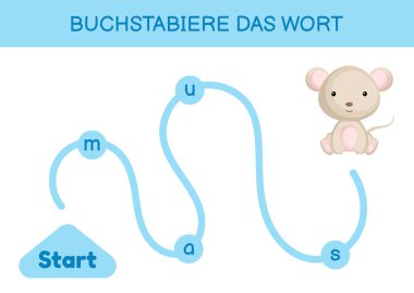 Buchstabiere das wort - Kelimeyi hecele. Çocuklar için labirent. Kelime oyunu şablonu kodlanıyor. Fare kelimesini okumayı öğren. Çocukların gelişimi için Almanca çalışmak için etkinlik sayfası. Vektör stok illüstrasyonu.