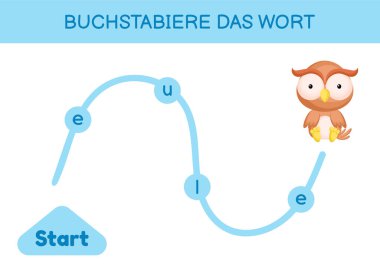 Buchstabiere das wort - Kelimeyi hecele. Çocuklar için labirent. Kelime oyunu şablonu kodlanıyor. Kelime baykuşu okumayı öğren. Çocukların gelişimi için Almanca çalışmak için etkinlik sayfası. Vektör stok illüstrasyonu.